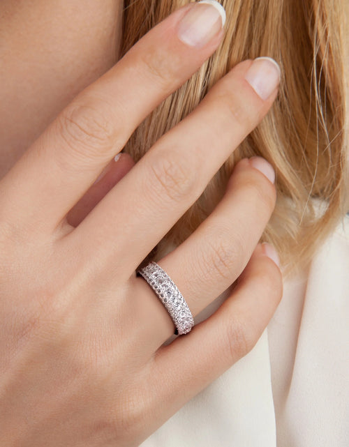 Load image into Gallery viewer, Novia Aniversario Compromiso De Las Mujeres 1 1/3 Qt T.G.W. Corte Redondo Creado Zafiro Blanco Anillo De Plata De Ley De Múltiples Hileras Semi-Eternidad Con Bisel / Punta / Pave Ajuste
