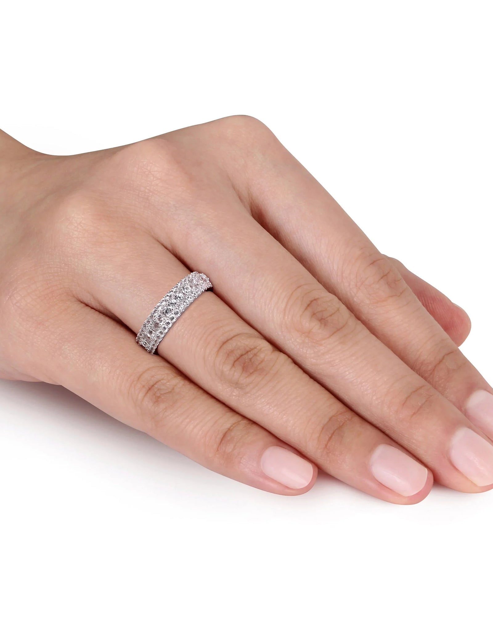 Novia Aniversario Compromiso De Las Mujeres 1 1/3 Qt T.G.W. Corte Redondo Creado Zafiro Blanco Anillo De Plata De Ley De Múltiples Hileras Semi-Eternidad Con Bisel / Punta / Pave Ajuste